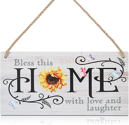 CHDITB Bless This Home With Love And Laughter - Letrero de madera para puerta 11 x 6 pulgadas letrero inspirador con versículo de la Biblia con