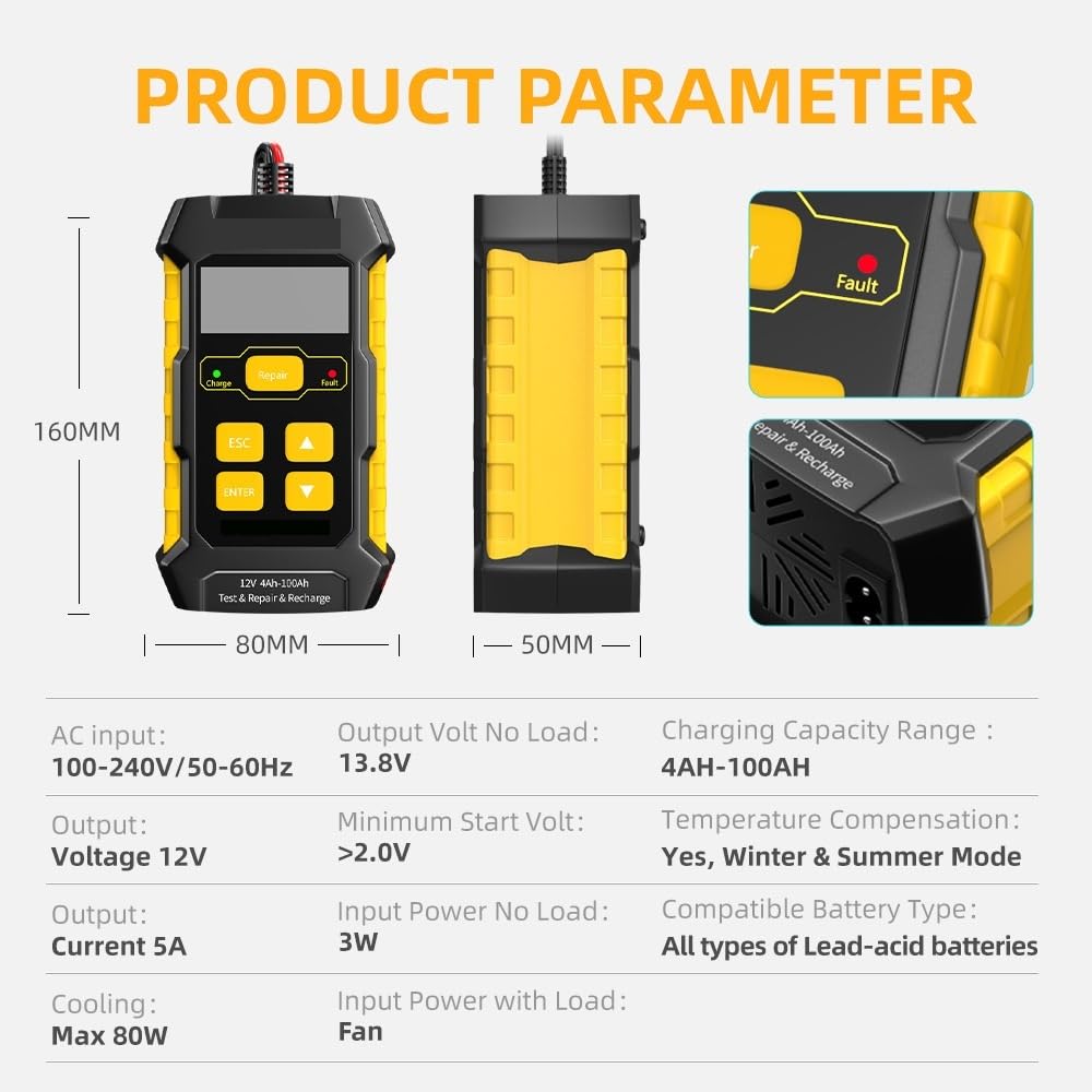 Tester per Batterie, Tester for caricabatterie for auto KW510 Caricabatterie completamente automatico Manutentore for riparazione di impulsi automobilistici 5A Strumento for acido al piombo
