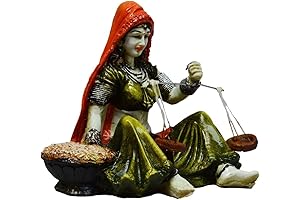 Handcrafted Polyresin Rajasthani Women Statue Using Antique Weighing Scale