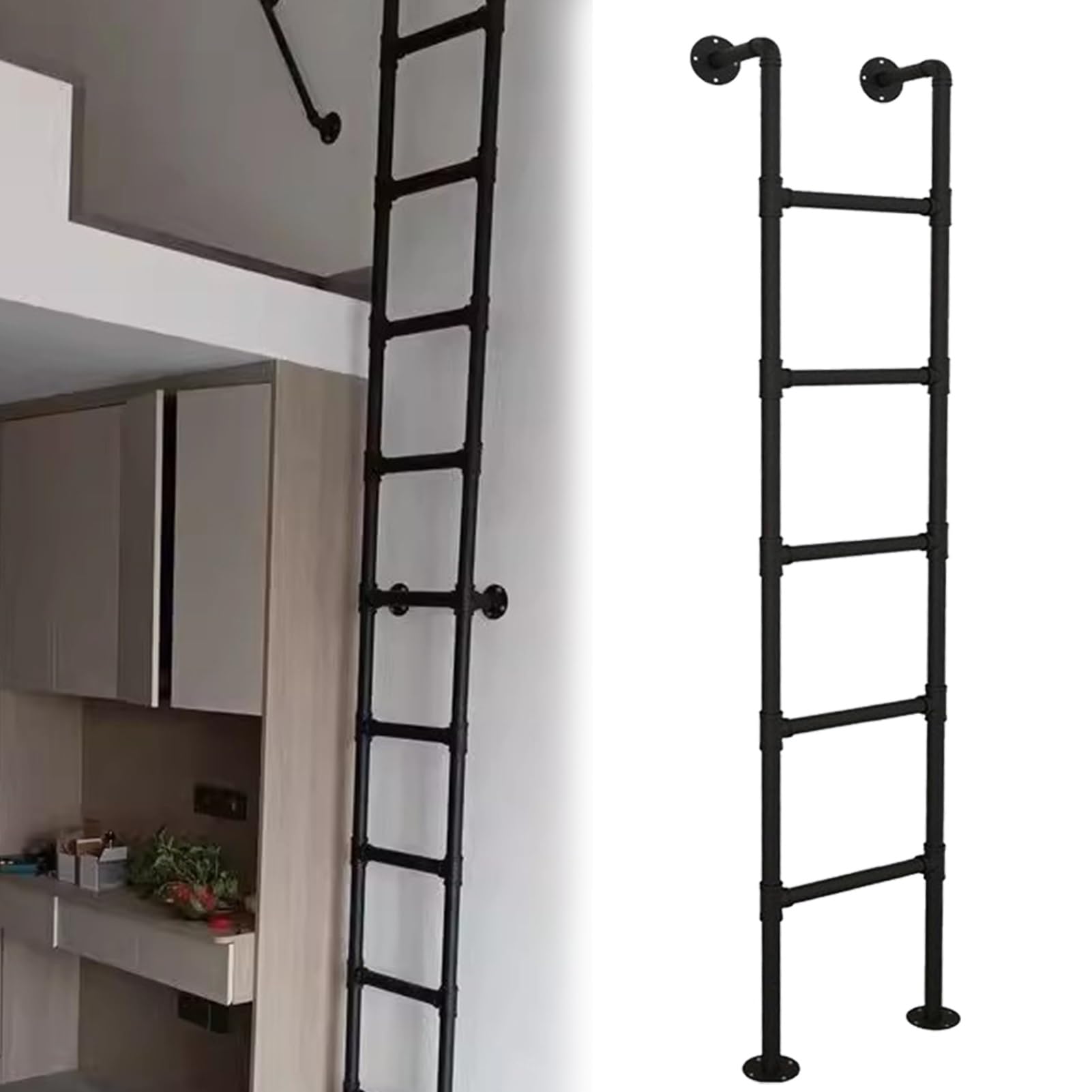 Wytrzymała metalowa drabina do piwnicy, szyba, ewakuacja, 140 cm, wysoka drabina boczna, na poddasze, akademik, biblioteka, Ap ments, czarna
