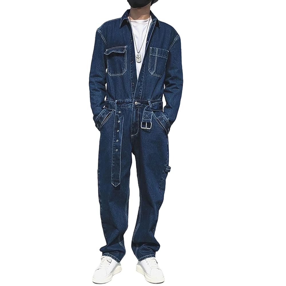 EsukAr Men's Denim Jumpsuit Long Sleeve Lapel Multi Pocket