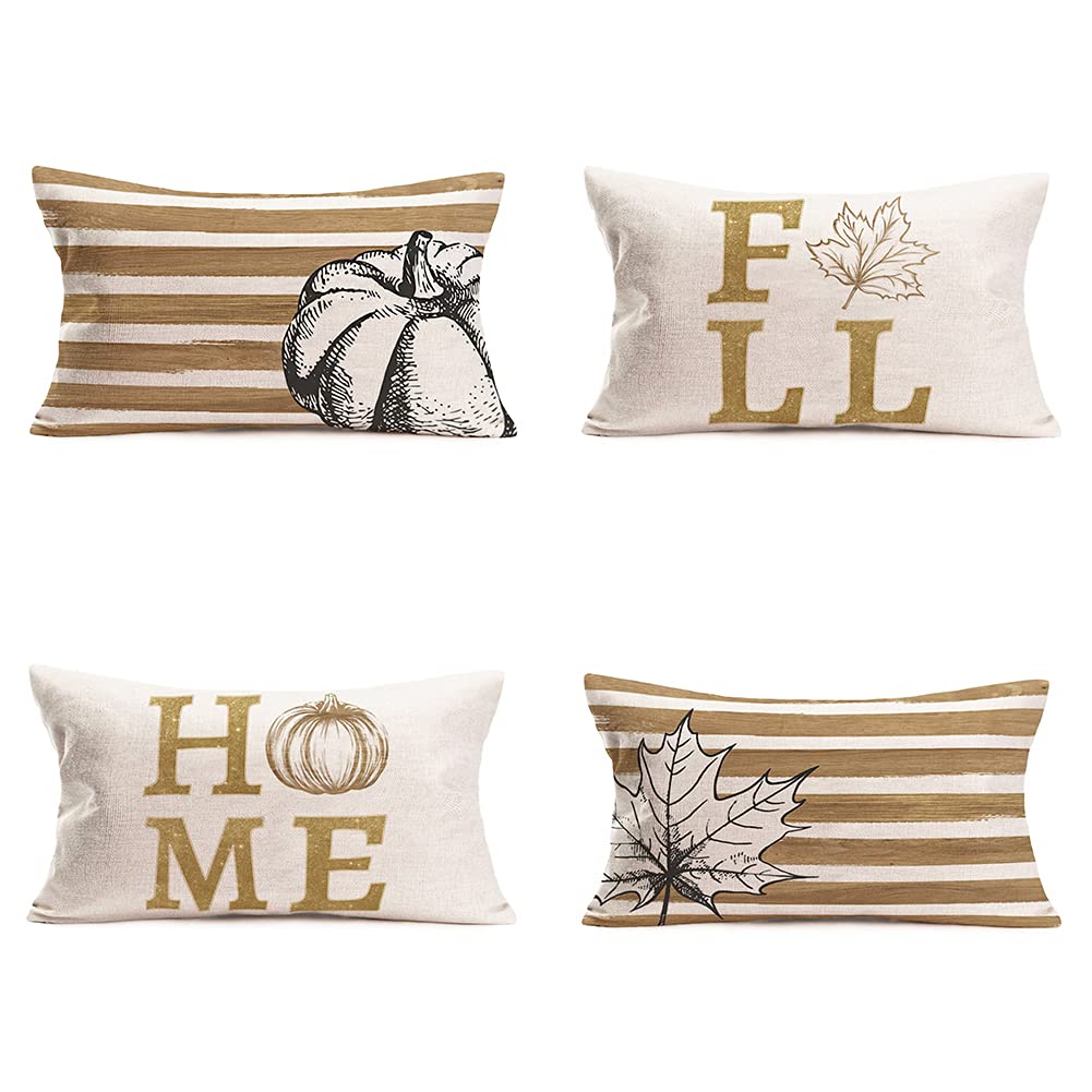 Tlovudori Autumn Harvest Fall Home Decor Lumber Pillow Covers Rustic Farmhouse Stripe Buffalo Pumpkin Maple Cotton Linen Pillowcase Cushion Cover Decor Sofa Couch Bed 4Pack,12”X20” (HF-Home)