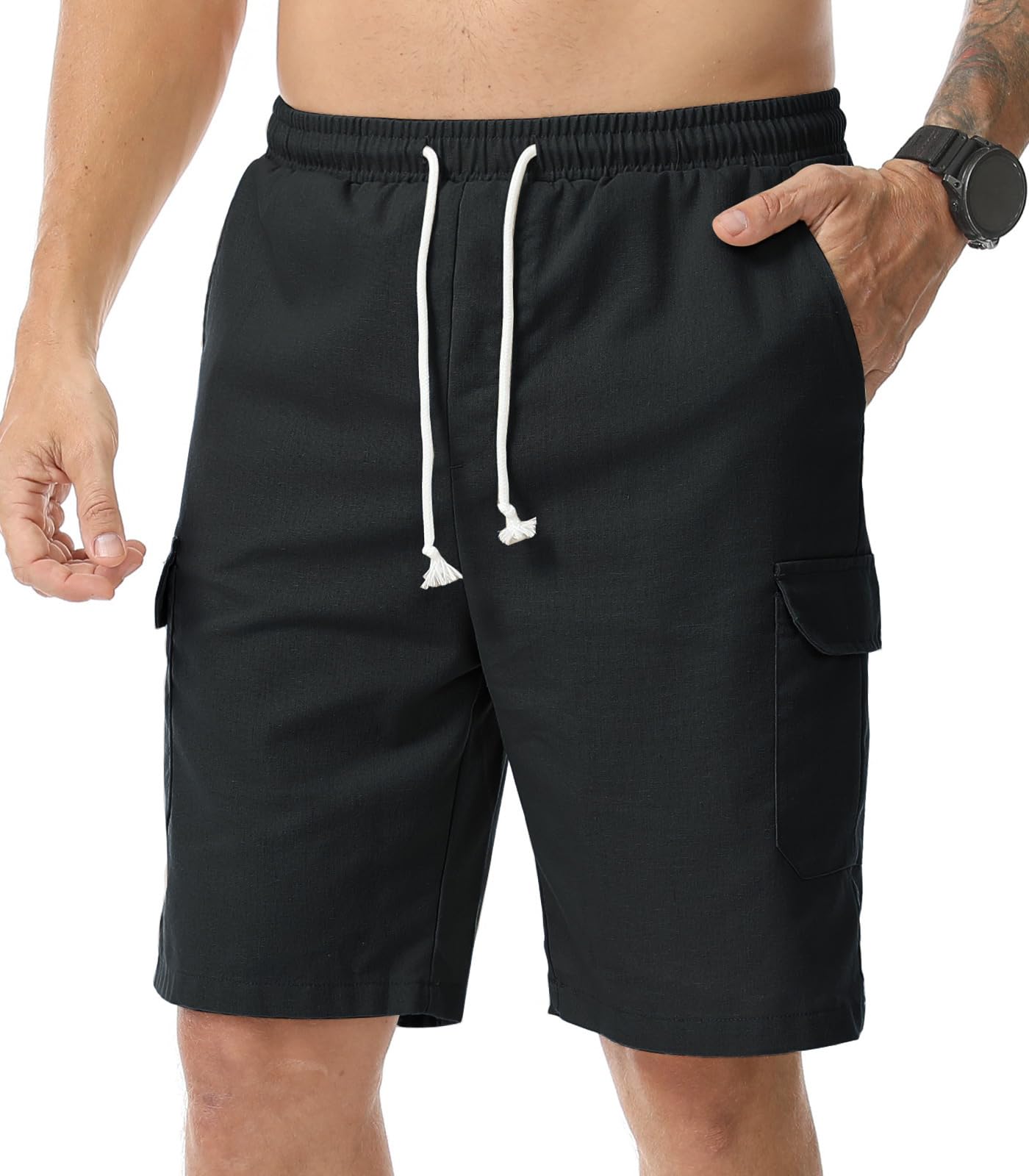 Zetieny Pantaloncini da Uomo in Lino Shorts Cargo Estivi Pantaloni Corti Leggero Coulisse con Tasche