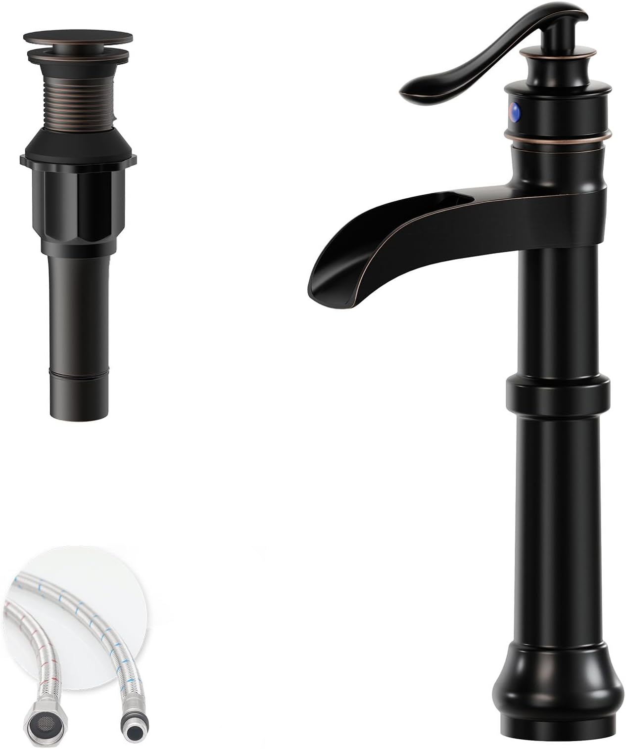 Oil Rubbed Bronze Vessel Sink Faucet, Brass Waterfall Tall Bathroom Faucet Single Handle Bathroom Sink Faucets Single Hole with Pop Up Drain and Supply Hoses Mixer Tap Deck Mount