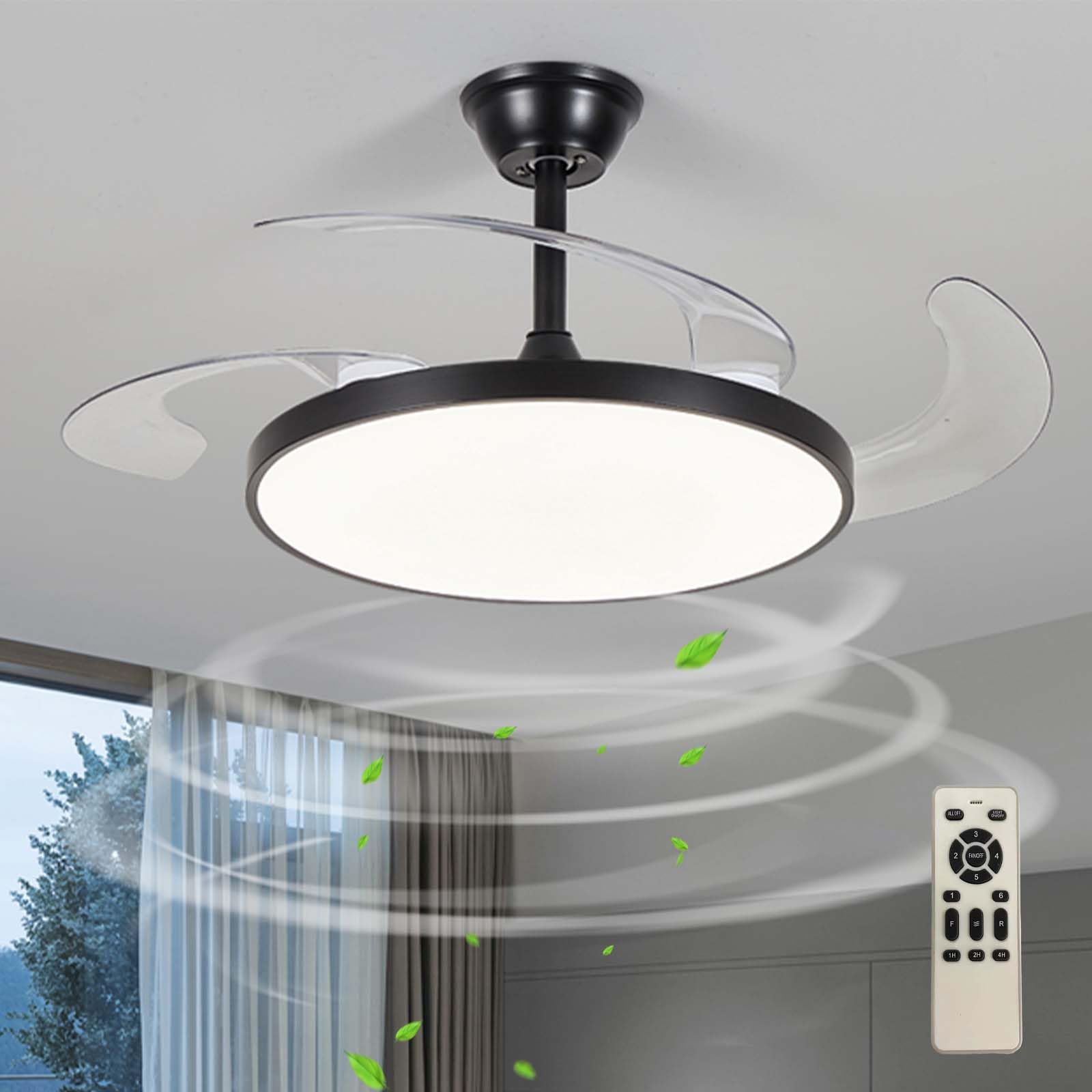 SXDMOUBK Silent Retractable Ceiling Fan with Light Remote Control Dimmable LED Modern Design Reversible Smart 6 Speed for Bedroom Black 95cm