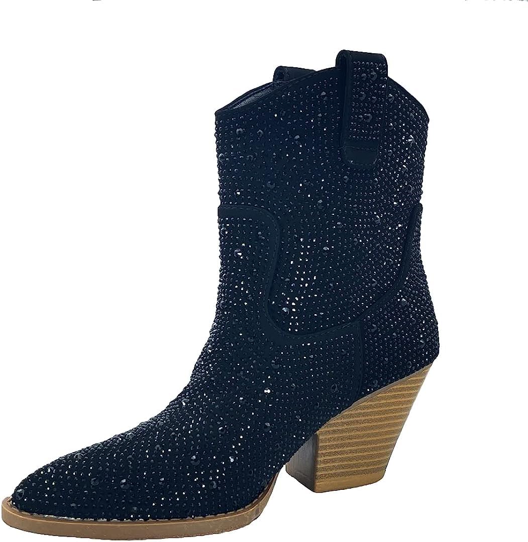 Women's Rhinestone Block Heel Mid Calf Short Ankle Booties Knee High Boots: Women's Rhinestone Block Heel Cowboy Mid Calf Short Ankle Booties Boots River-01 Charcoal 01 Size 6