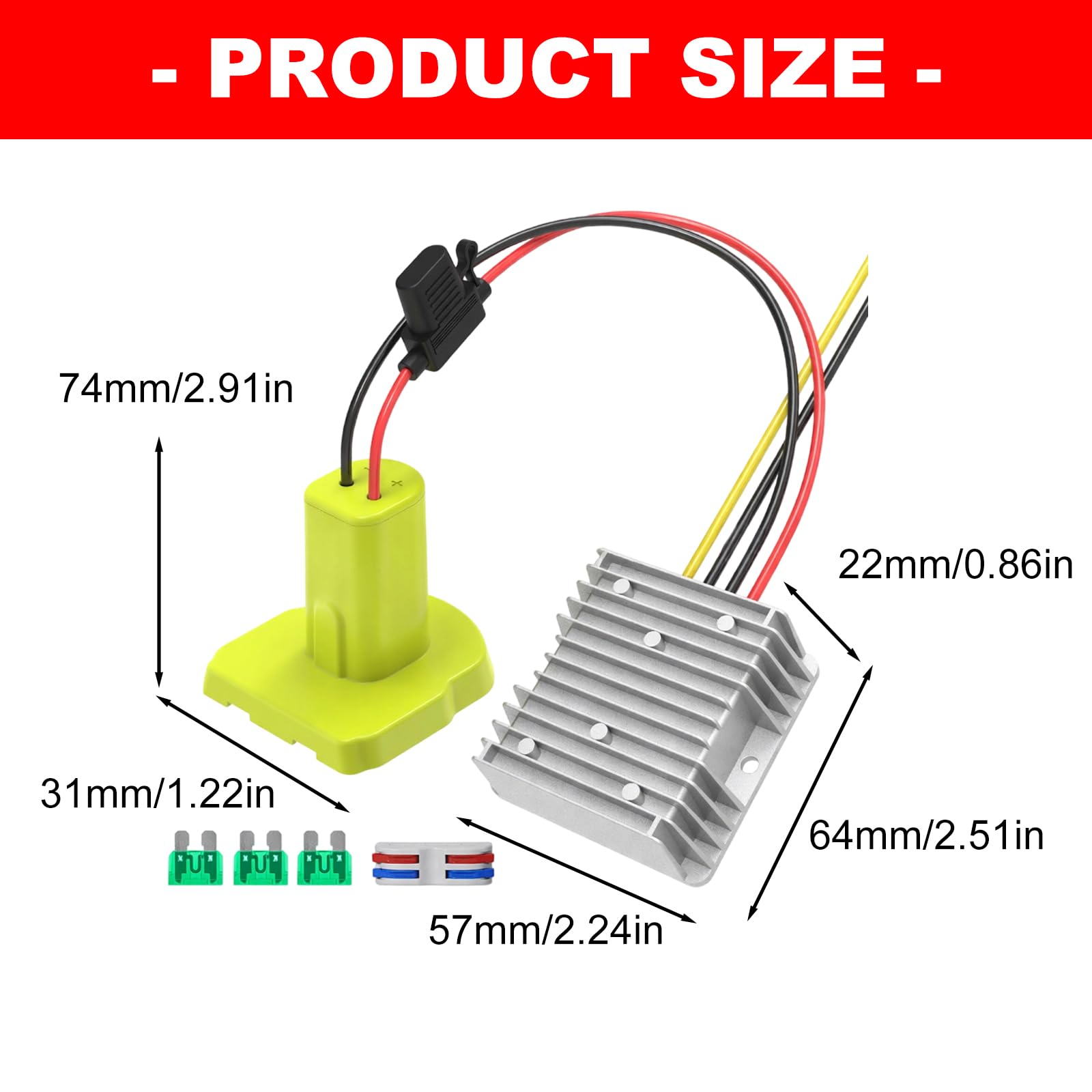 Adaptador de corriente de batería para salida de 12 V, convertidor de cable directo con base ABS y carcasa de metal con aletas para tareas de cableado