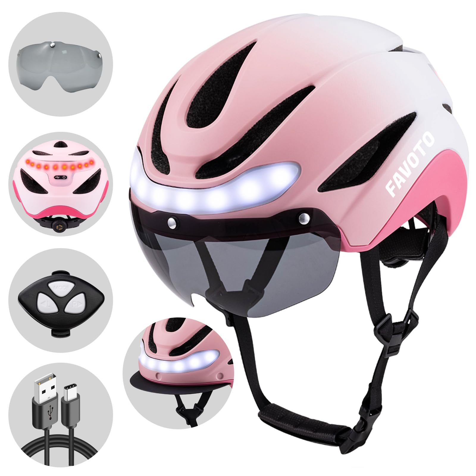 Favoto Herren Fahrradhelm Frauen Licht - Verstellbarer Kopfumfang EPS-Material Abnehmbare Kopfhaube Heckleuchten Design