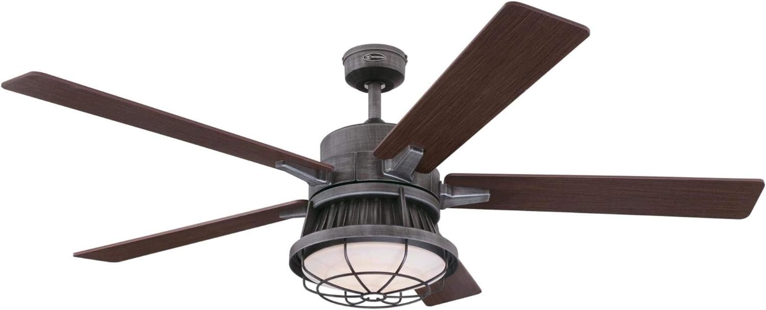 Amаzіng 🔥 Westinghouse Lighting 7220400 Chambers 60-Inch Distressed Aluminum Indoor, Dimmable LED Light Kit, Opal Frosted Glass, Removable Cage, Remote Control Ceiling Fan
