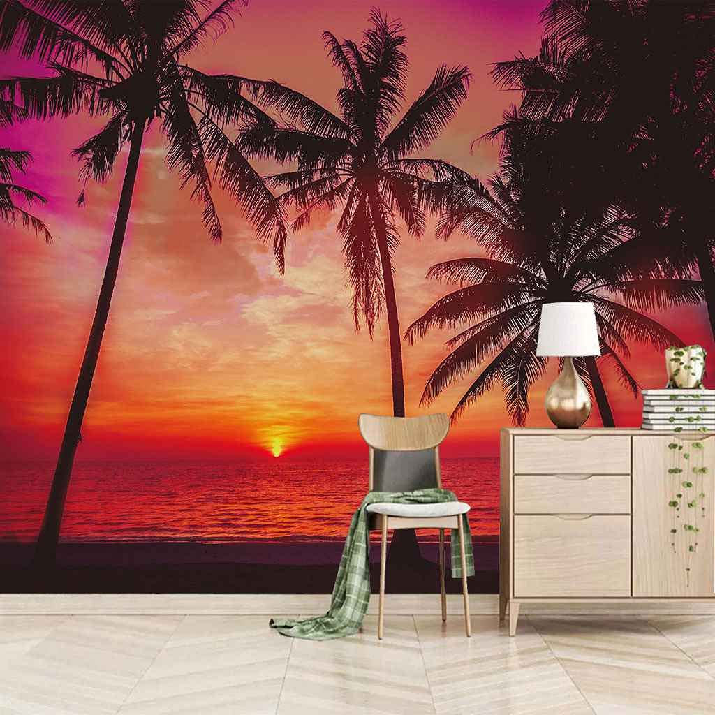 Papier peint paysage marin coucher de soleil pour habiller le mur TV du salon