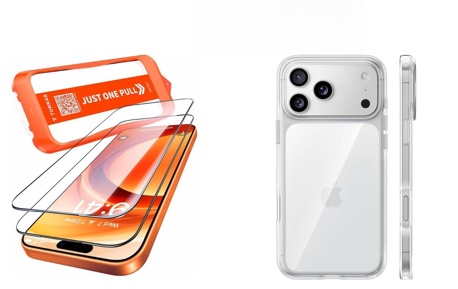TORRAS Schutz-Bundle für iPhone 17 Pro, 2 Stück Panzerfolie 9H+ Glas + Crystal Clear Hülle, Full Screen Displayschutz mit Auto-Montage & transparente Anti-Vergilbungs Handyhülle