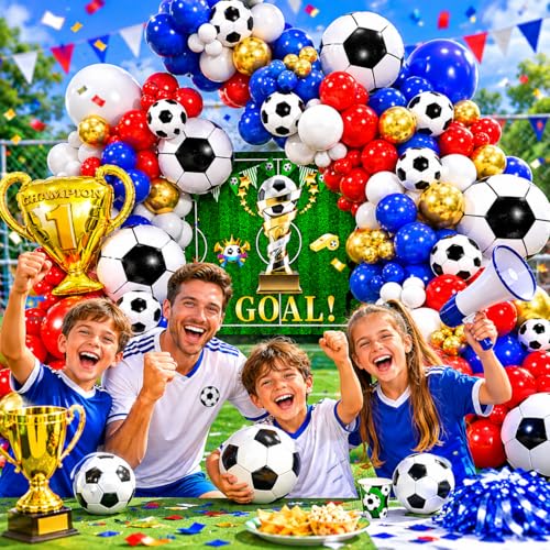 Image of Soccer Party Decorations 161Pcs, Soccer Balloon Garland Arch Kit with Backdrop Banner 18'' Football Foil Balloons, Blue Red Gold White Balloons for Boys Sports Fan Birthday Soccer Party Decor