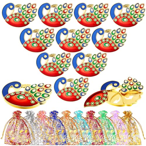 Cinnvoice 10 Pcs Peacock Haldi Kumkum Holders Pooja Return Gifts Bulk Roli Chawal/rice Packets for Ladies Indian Diwali Pooja Wedding Housewarming Return Gift