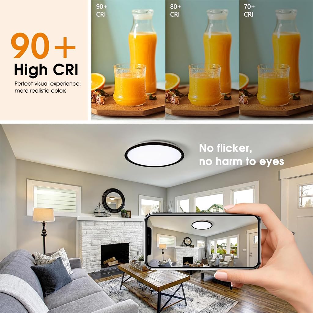 ELEPHANTBOAT plastic 12" Dimmable LED Ceiling Light with Remote Control, 24 W 3-Color Ceiling Light with Dim Night Light 1800k Warm, Round Flush LED Ceiling Lights (Black) 2