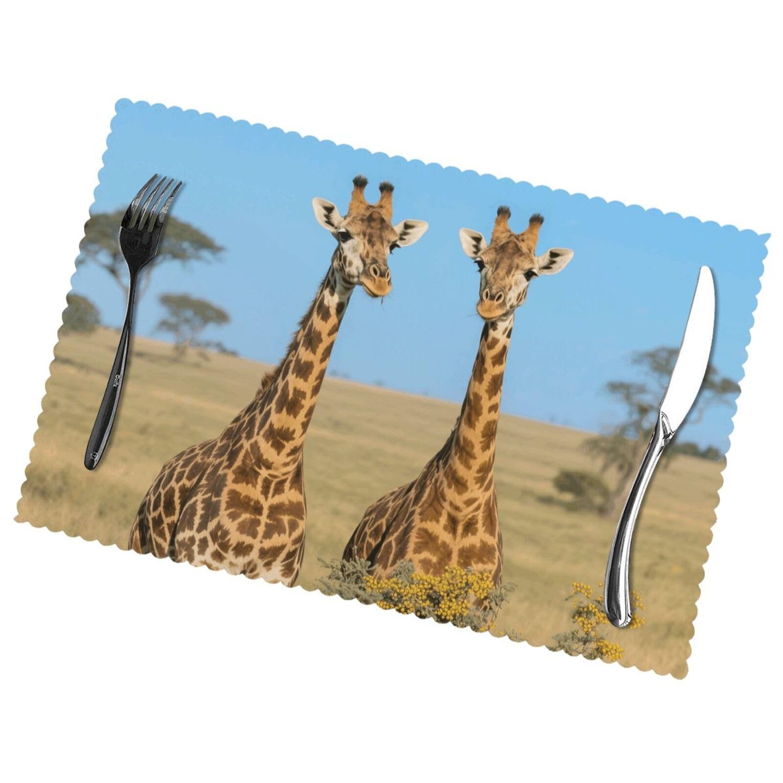 12x18 Inchplacemats Set of 6, Two Giraffes Place Mats for Kitchen Dinning, Heat Resistant Anti Slip Table Mats, Waterproof Washable Placemat for Indoor Outdoor Party Kitchen Dining Table Décor