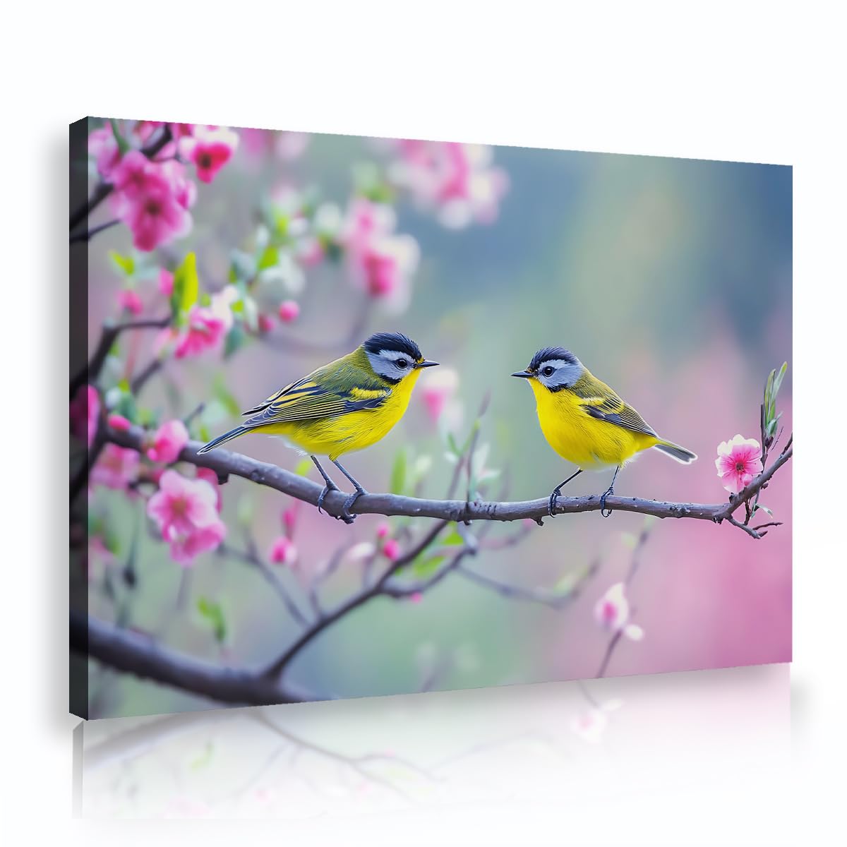 TOANGWALL Yellow Birds Canvas Wall Art Pink Cherry Blossom Branch Painting Soft Background Modern Framed Poster Prints Mural Pictures Artwork For Bedroom Guest Room Decor 70x100cm