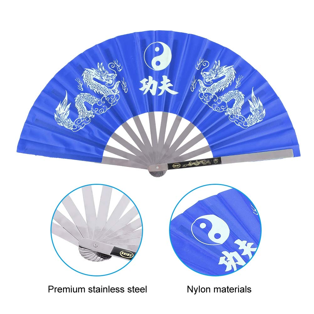 Cocoarm Eventail Tai Chi Éventail Kung Fu éventail Spectacle de Danse Chinois Kung Fu Tanzpraxis Training Performance Fan avec squelette en acier inoxydable (bleu)