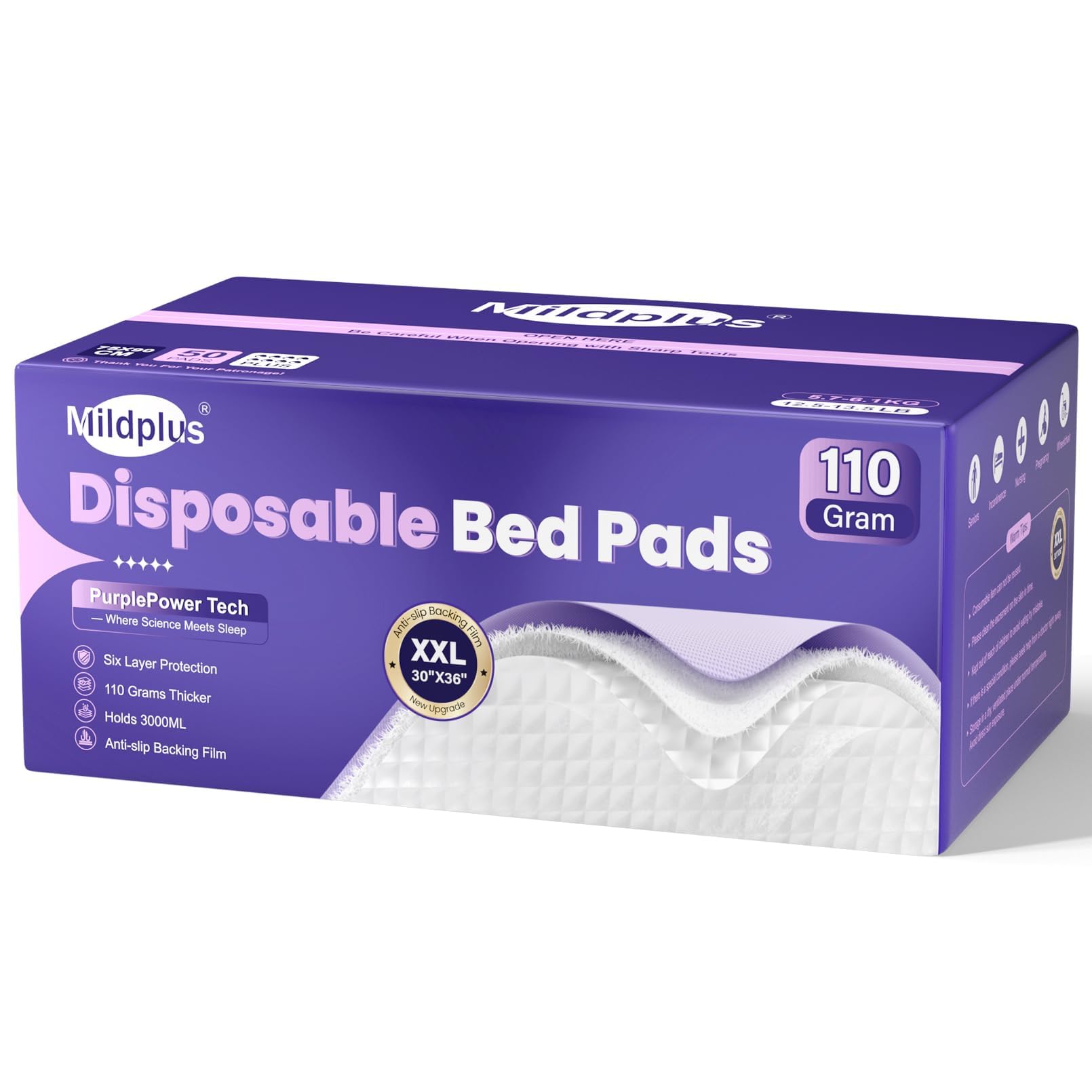 MILDPLUS Sottoassorbenti usa e getta resistenti, 76 x 91 cm (50 pezzi) | 110 g super assorbenti | viola a prova di perdite per la cura dell'incontinenza di adulti, anziani, bambini e animali domestici