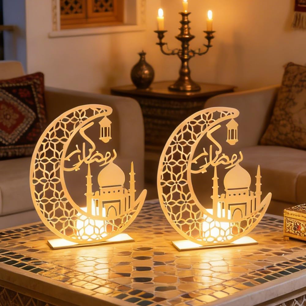 KUWUNG 2 PCS Ramadan Lights Decorations, Eid Decorations, Ramadan Eid LED Night Light, 3D Wooden Eid Mubarak Decorations Lights Home Party Bedroom for Muslims, Home Islamic Table Decor