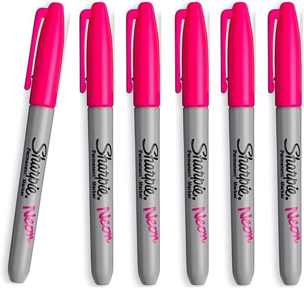 Sharpie 6 x Neon Permanent Marker Pens, Fine Point Tip, Fluorescent Pink Colour Ink - Marks on Almost Any Surface - Loose in Plain Packaging
