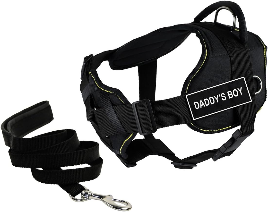 Dean & Tyler Bundle of 32 to 42-Inch DT Fun Harness with Chest Support, Large, Yellow Trim and 6-Feet Stainless Snap Padded Puppy Leash, Black, Daddy's Boy