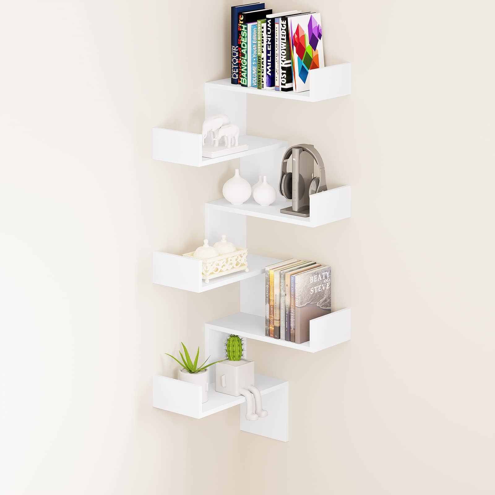 Mensole Ad Angolo 5 Livelli Zig Zag - Scaffale Muro In MDF E1 120 Cm, Ripiano Salvaspazio Per Bagno, Soggiorno, Cucina - Nero