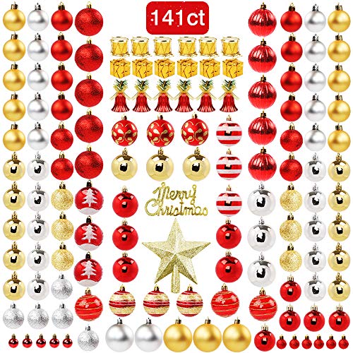 FUNARTY 141ct Christmas Ball Ornaments Assorted Shatterproof Christmas Tree Balls Decorations with Gift Package for Xmas Tree Holiday Wedding Party