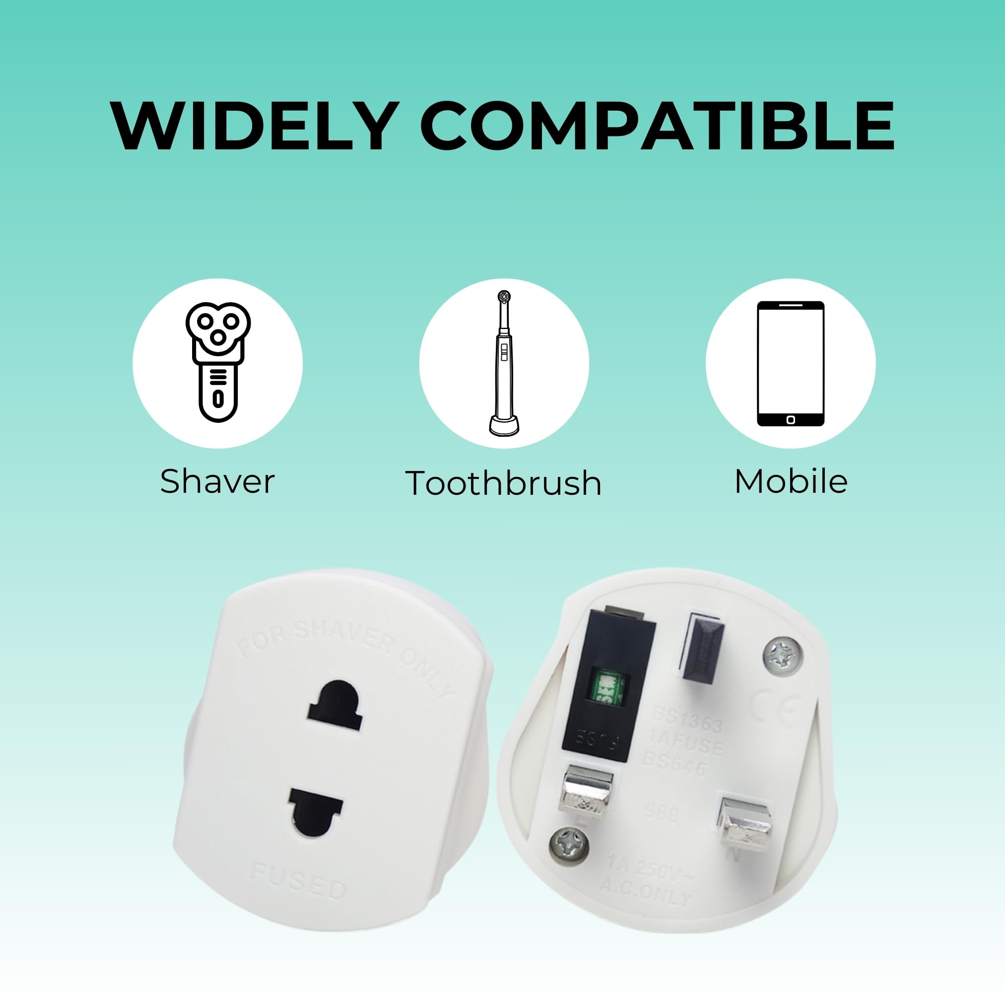 1-Pack UK Electric Toothbrush & Shaver Plug Adapter | 2-Pin to 3-Pin Bathroom Converter | For UK EU Round & US Flat 2-Pin Plugs | 1A Fused, Safety Shutters | Compatible with Oral-B, Braun, Philips — view 3