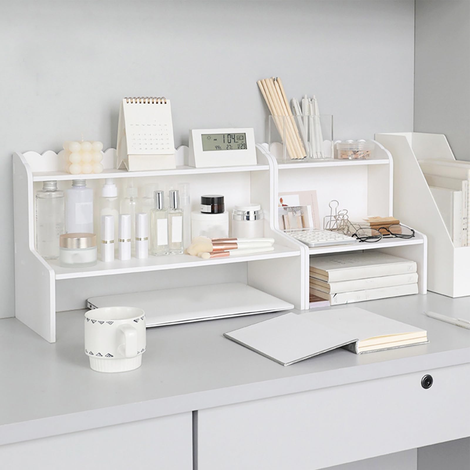 Scaffale da scrivania in legno, multi strato, mini libreria organizer per cosmetici (L)