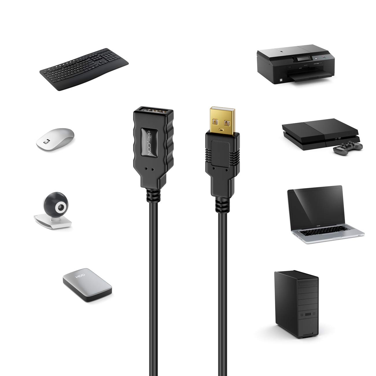 deleyCON 15m Cavo Attivo USB 2.0 Prolunga Attiva con Amplificatore di Segnale USB2.0 Ripetitore Cavo di Prolunga USB3.0 PC Stampante Scanner per Computer Nero