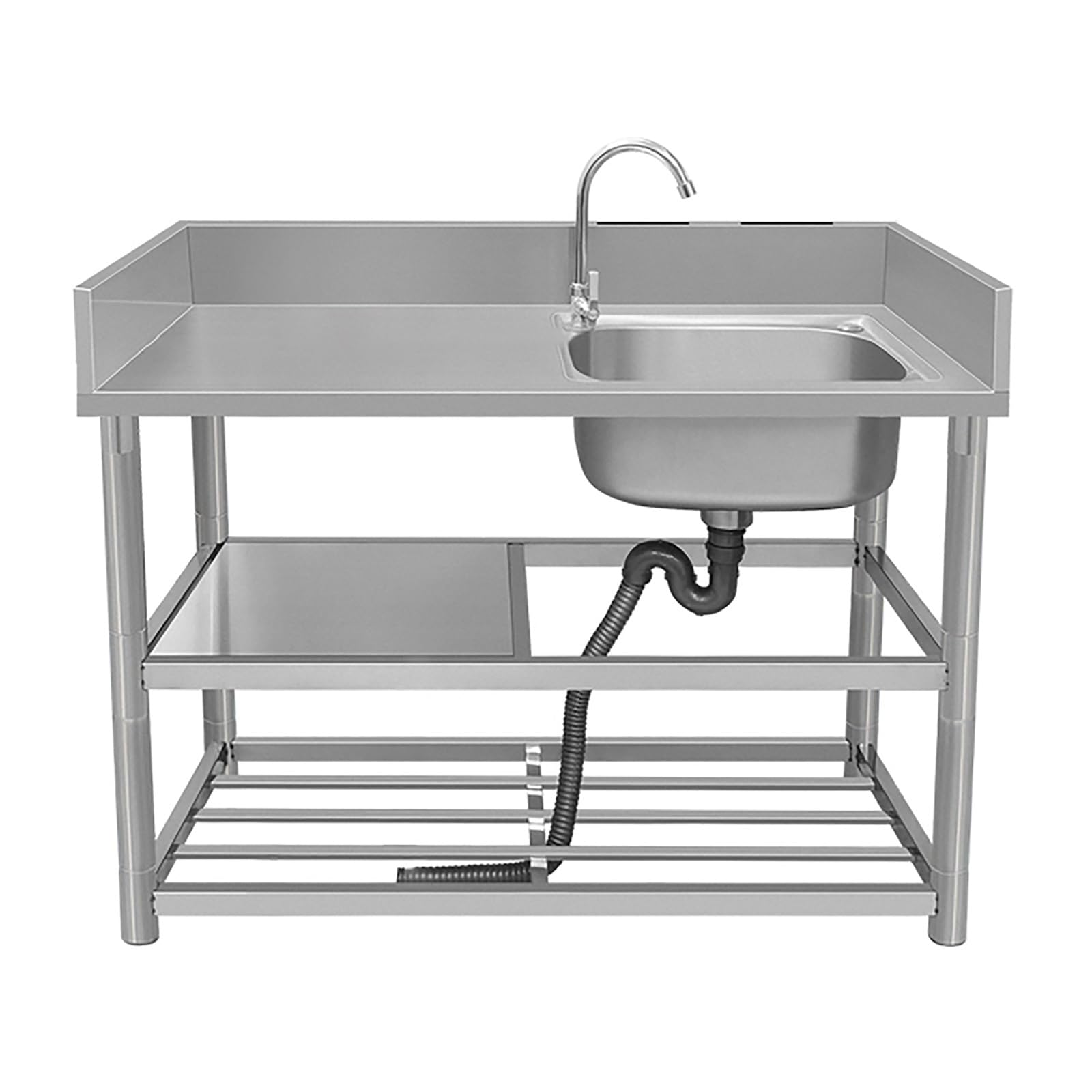 ZQFHSX 304 Stainless Steel Commercial Kitchen Sink with Faucet Single Bowl Design Storage Shelves & Drainer Ideal for Outdoor/Indoor Restaurant Use Heavy-Duty Workbench.