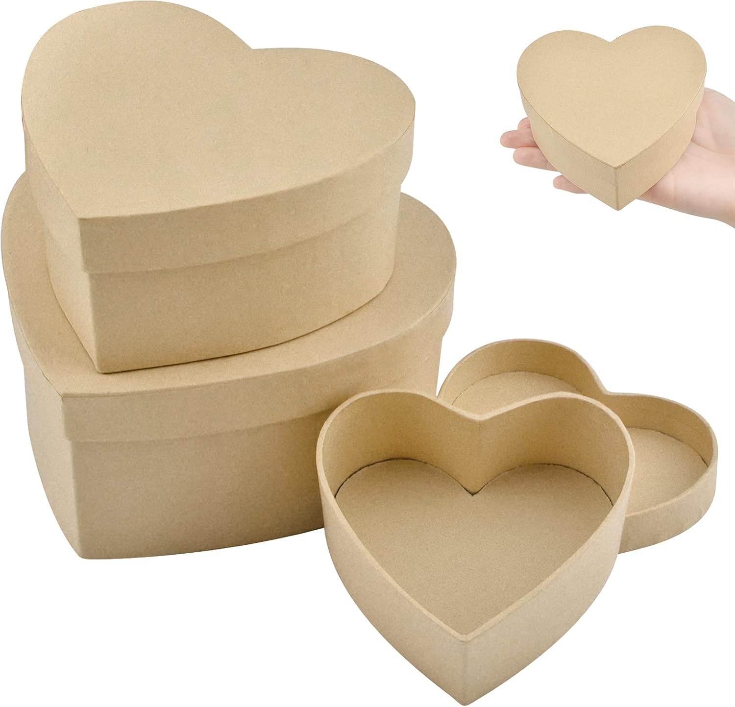 WANDIC Paper Mache Box, Set of 3 Heart Paper Mache Hat Boxes Kraft