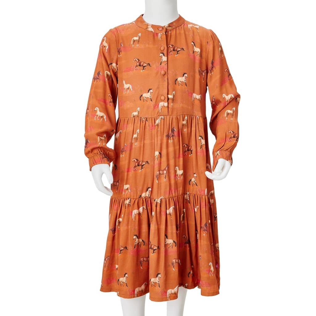Vestido infantil para niña, manga larga, 100% lyocell en coñac, con estampado de caballo, cuello alto, cierre de botones, talla 140, para uso diario, escuela, festivo, cumpleaños, fiesta