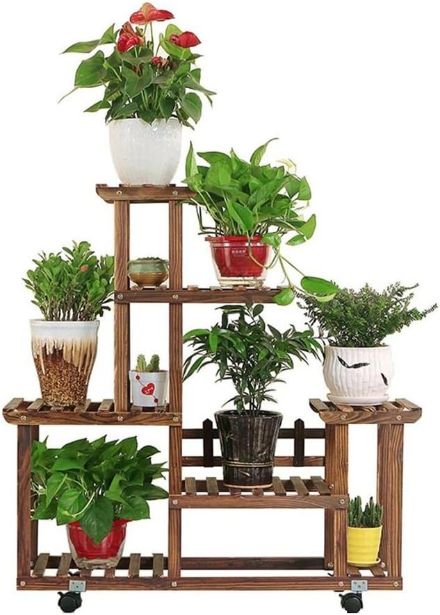Flower Pot Holder Multi-Tier Solid Wood Flower Garden Patio Balcony Floor Standing Plant Flower Pot Rack Indoor/Outdoor Multifunction Storage Shelf with Wheel - L90×W25×H96CM