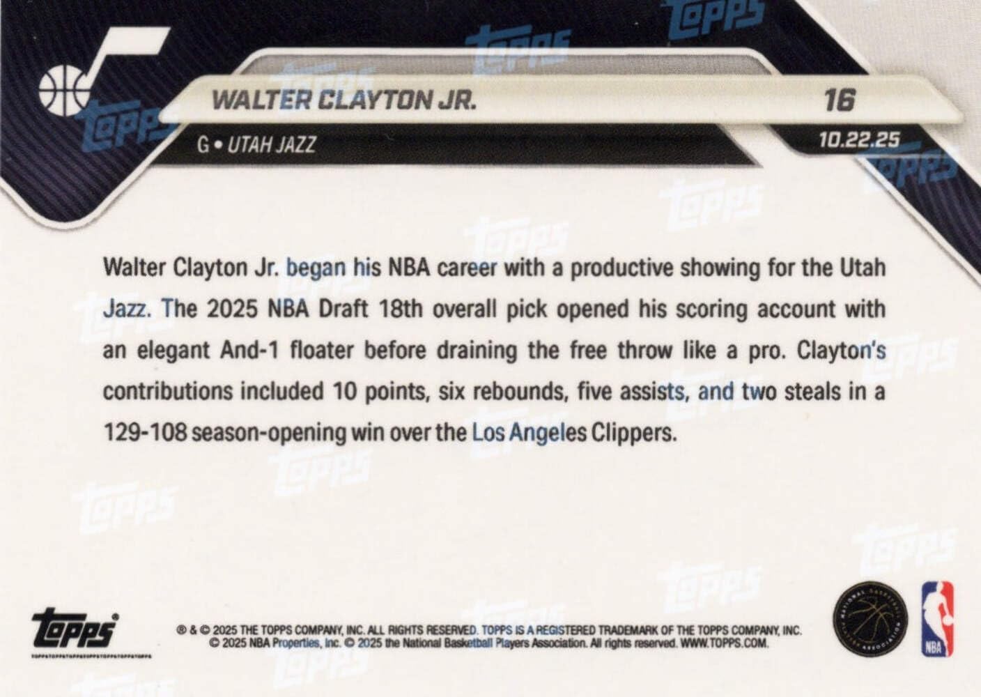 2025 Topps Now Walter Clayton Jr #16 Green Foil /99 Utah Jazz Rookie RC Basketball Card