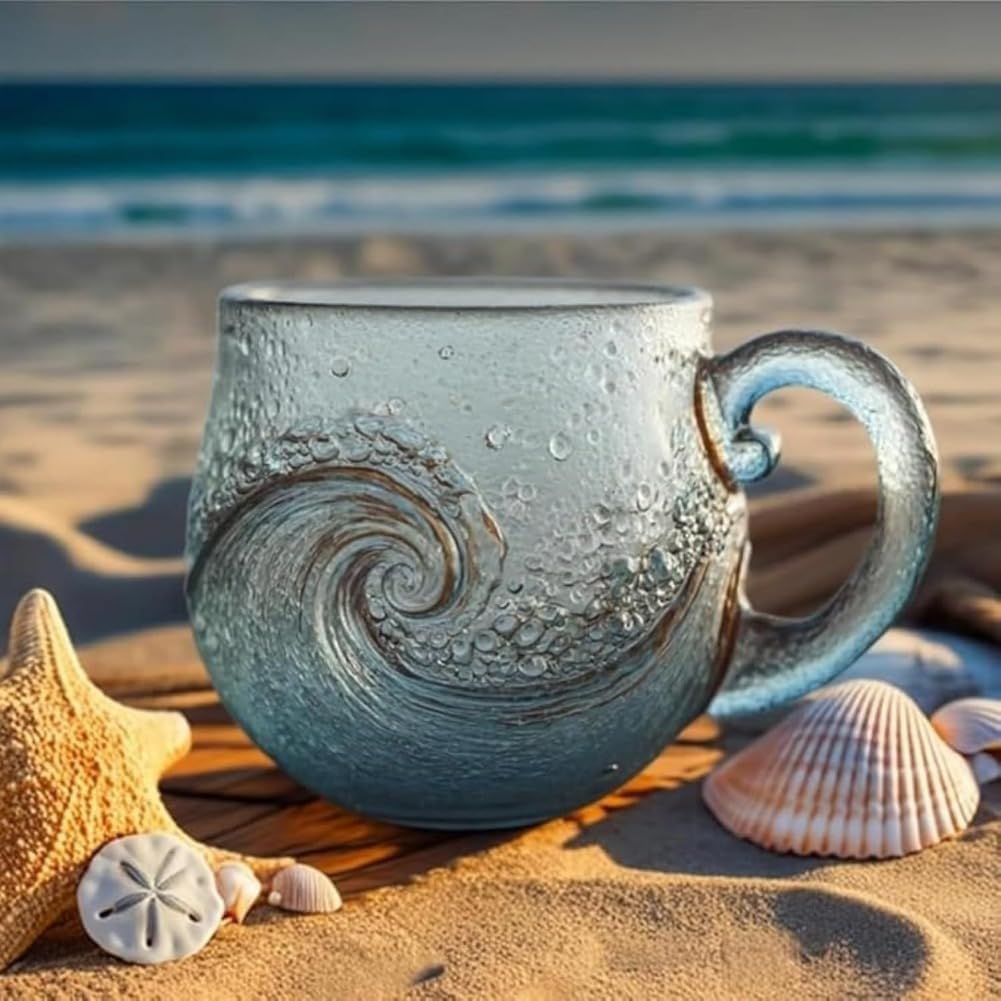 Taza de vidrio de mar hecha a mano, taza de vidrio soplado a mano de 12 onzas con textura de playa, té, café, vino, vasos únicos 2
