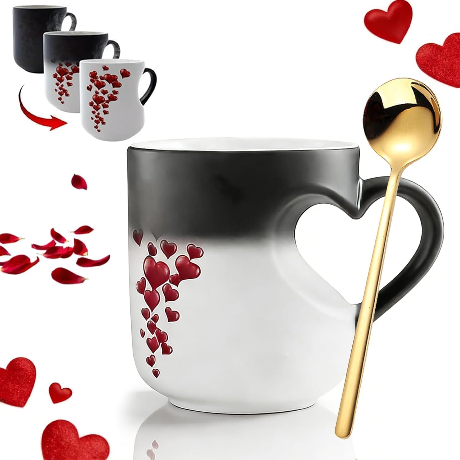 Heart-Shaped Color Changing Magic Ceramic Mug, 2026 New Heart Shaped Handle Ceramic Coffee Cup, Thermochromic Magic Reveal Design, Heart Mug Gift for Valentine's Mother's Day (Black) - Image 9