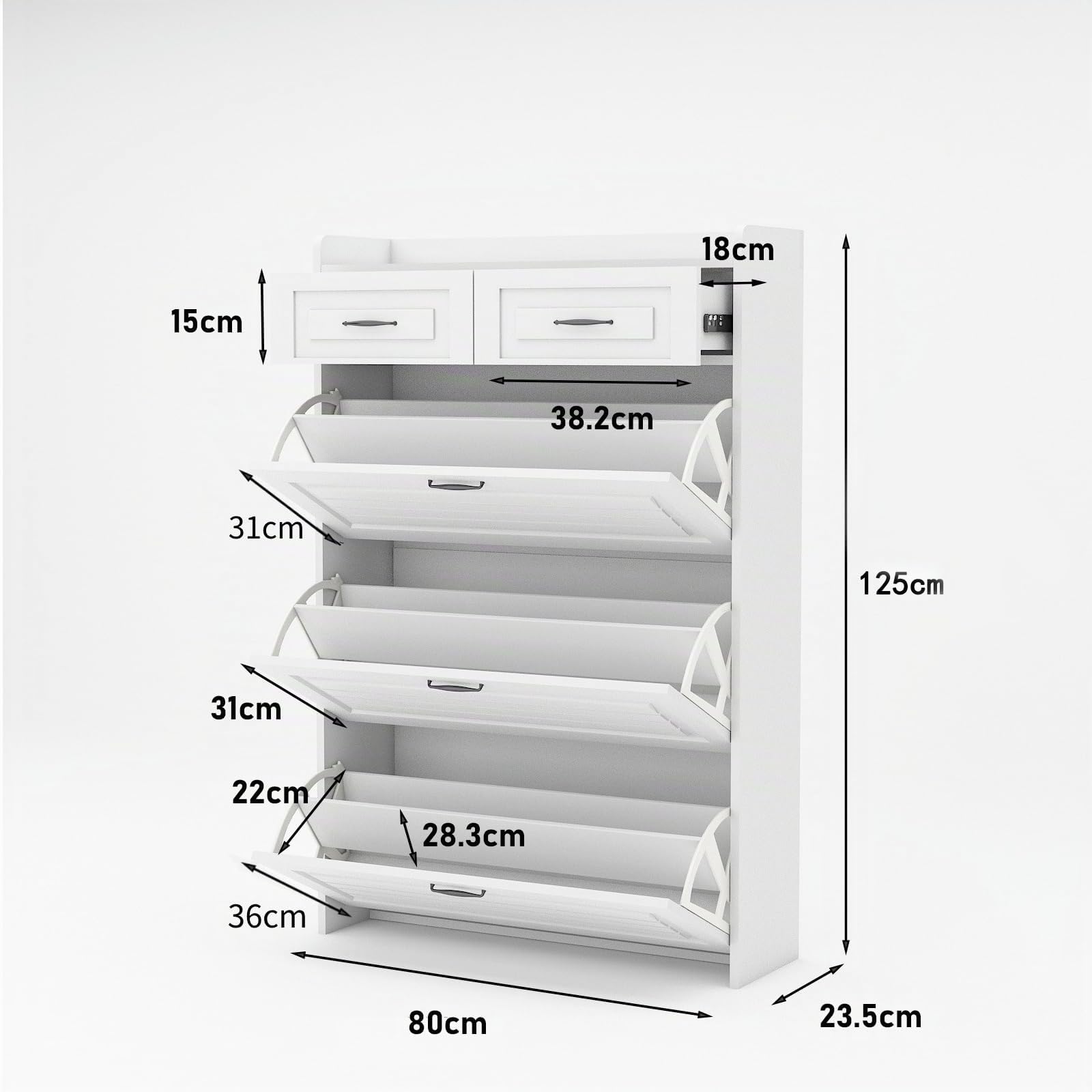 Zapatero con cajón giratorio, zapatero 80 x 23,5 x 125 cm de madera con tres grandes solapas y dos cajones, zapatero de madera, estante para zapatos (Blanco)