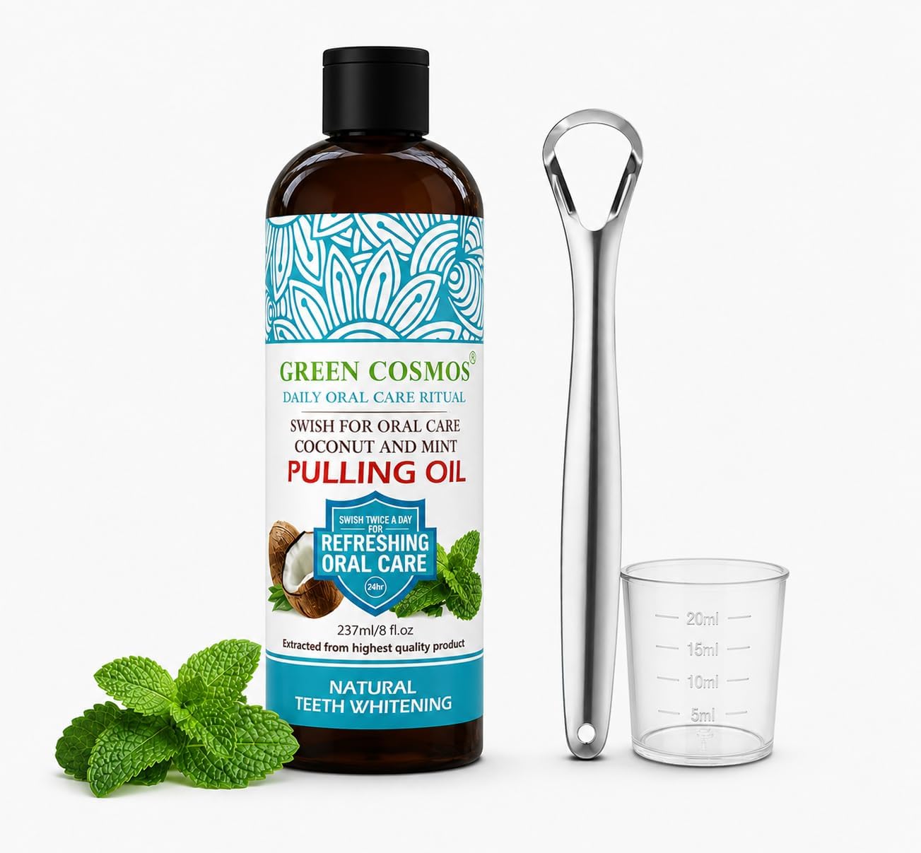 Coconut Mint Pulling Oil Mouthwash, 237ml Natural Teeth Whitening, Ayurvedic Daily Swish for Oral Health Alcohol & Fluoride Free, Healthy Gums, Fresh Breath, Solution for Bad Breath (One Pack)