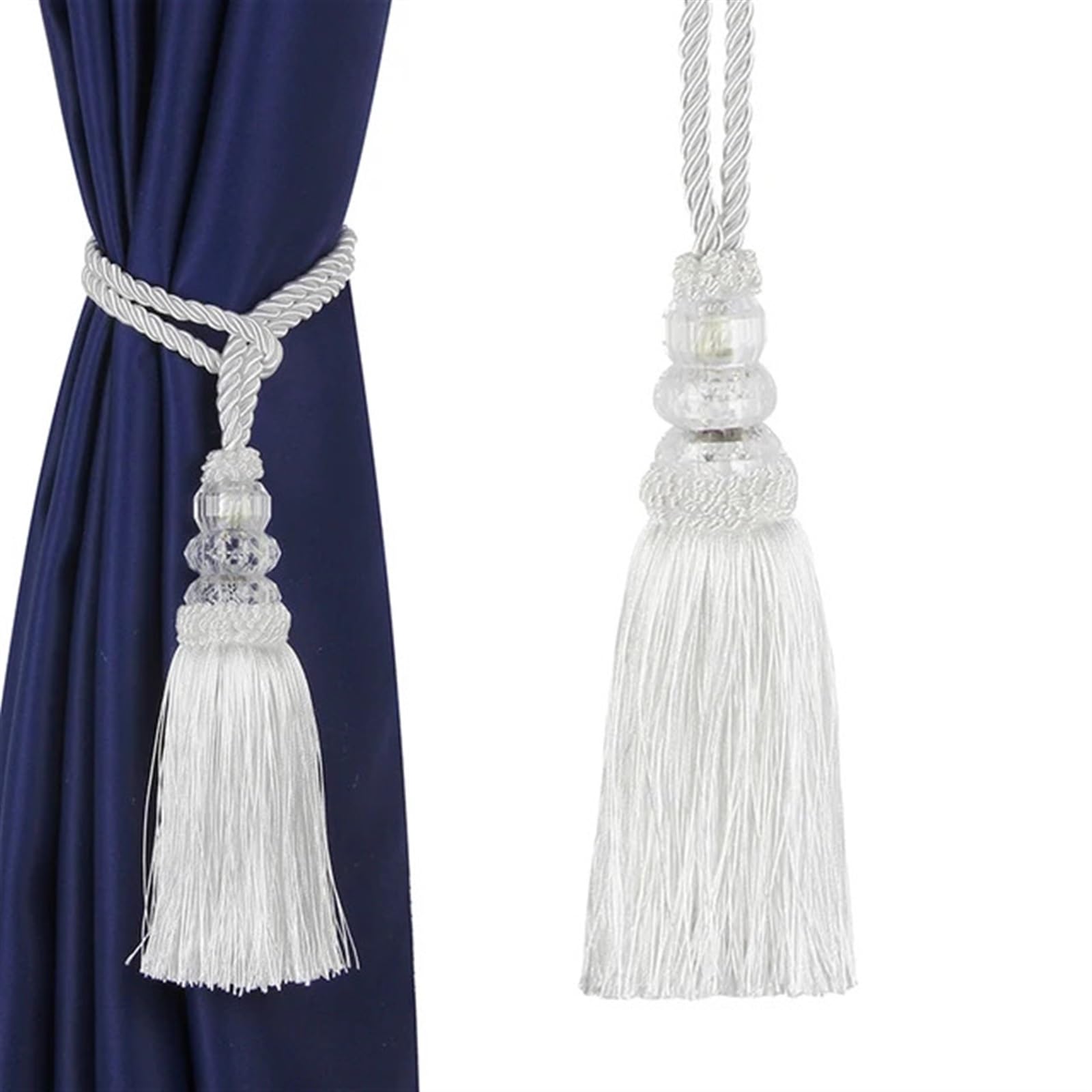 Alzapaños decorativos blancos para cortinas con borlas y cuentas de cristal, paquete de 2 accesorios de decoración del hogar para dormitorio y sala de estar, diseño elegante con hebilla