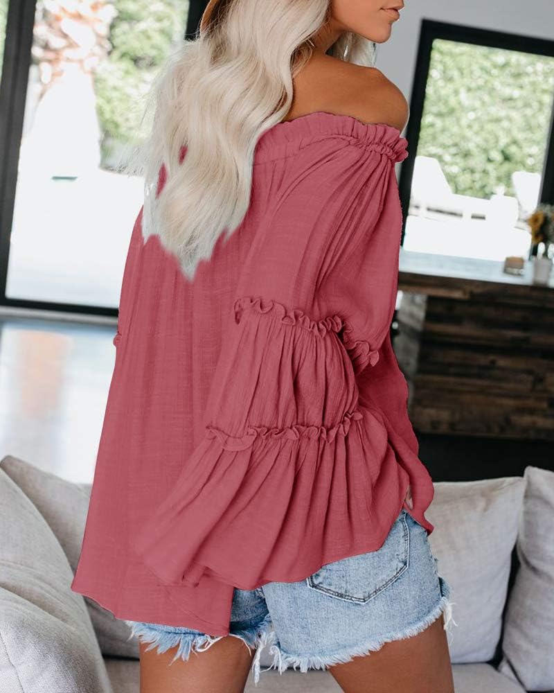Womens Off The Shoulder Long Bell Sleeve Tops Flared Casual Loose Blouse (Navy Pink, X-Large) - Image 3