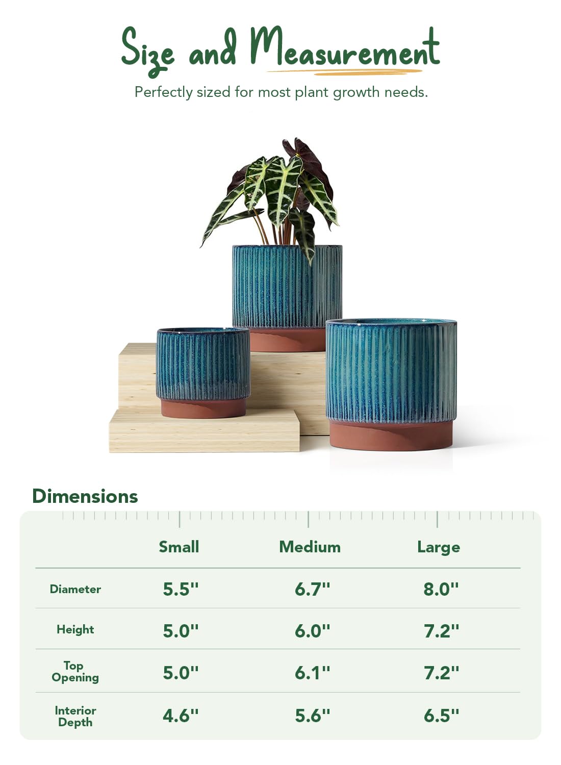 LE TAUCI Vasi per piante in ceramica, 20 + 16 + 14 cm con fori di drenaggio, uso interno/esterno, vasi da giardino a righe in stile moderno, verde smalto reattivo