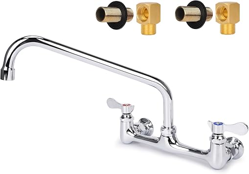 Wall Mount Kitchen Faucet 8" Center Commercial Sink Faucet with 12" Swivel Spout Dual Handles Brass Utility Sink Faucet for Laundry Room Restaurant Polish Chrome with 90 Installation Kit