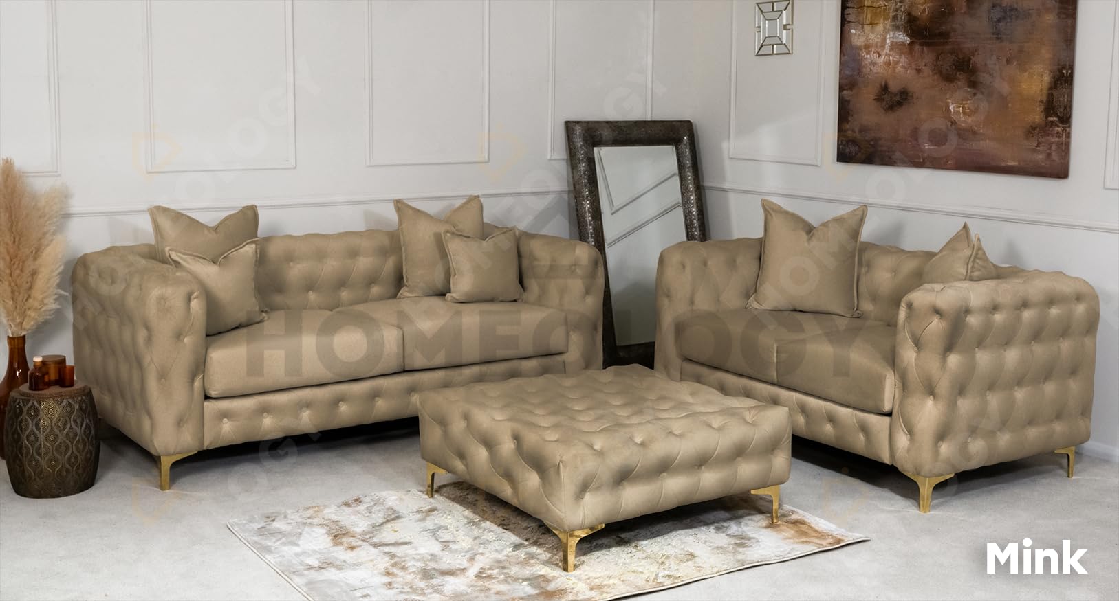 HOMEOLOGY Monaco Plush 3 Seater Sofa for Ultimate Relaxation and Style, Corner Sofa for Living Room, 3+2 seater velvet Sofa Set for Sale (Mink, 3+2 Seater)