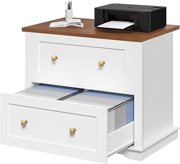 MAHANCRIS 2 Drawers Lateral File Cabinet, Farmhouse Wooden Filing Cabinet, Printer Stand for Home Office, Office Storage Cabinet for A4/Letter-Size Hanging Files,White and Walnut FCBA8001