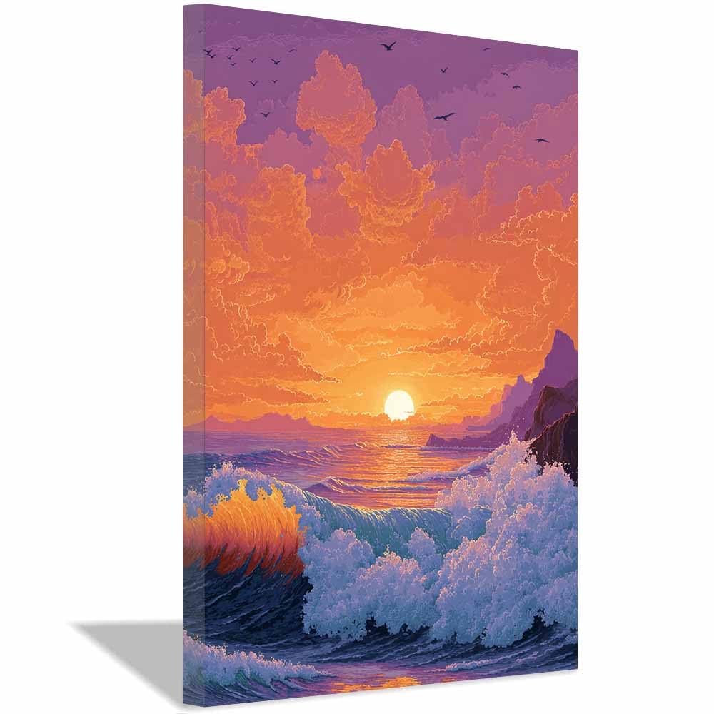 HOQIU Wall art for home decor Vibrants Sunset Ocean Wavess canvas artwork for wall, art prints, For living room, bedroom, bathroom, dining room, painting and decor.(Multicolor)-70x100cm Framed