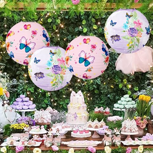 Image of Butterfly Paper Lanterns Butterfly Hanging Decorations Round Pink Paper Lanterns Ceiling Decorations for Birthday Baby Shower Theme Party Supplies Room Decor