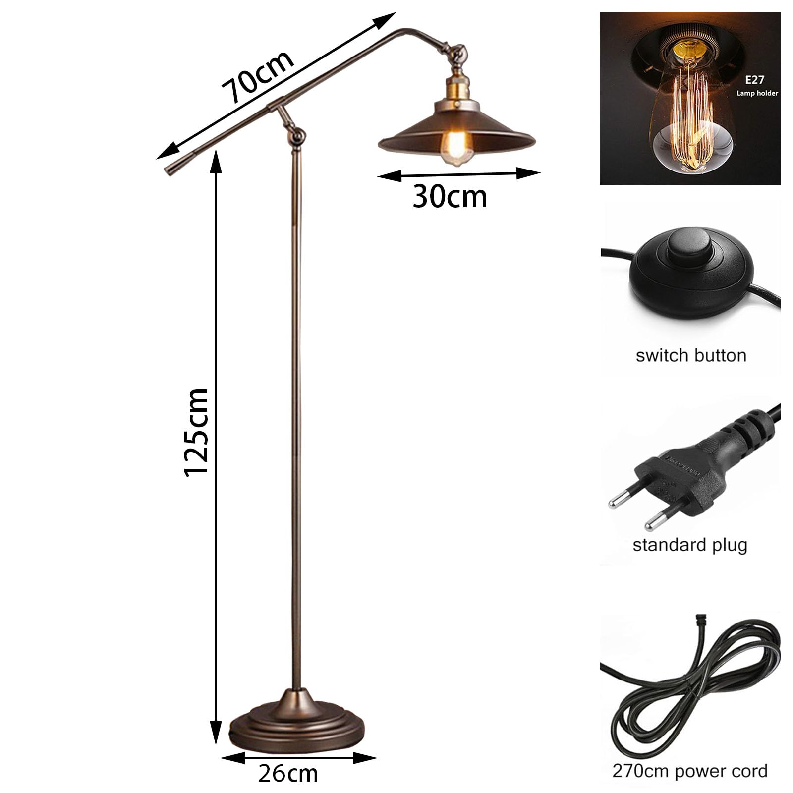 Stehlampe Wohnzimmer Vintage, Dimmbar Stehlampe Industrial mit Fernbedienung, 3000-6000K, Verstellbarer Arm, 6W LED Stehleuchte Retro Metall für Schlafzimmer Büro Arbeitszimmer, Braun