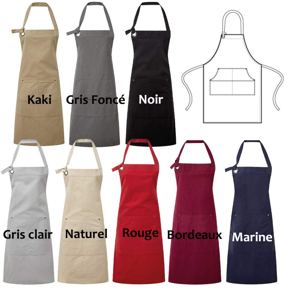 Tablier à bavette coton personnalisé et brodé prénom, texte, oeillet et rivet, 20 motifs, poche 4 compartiments, cuisine top chef, cadeau femme homme, fête des mères, noel, ref PR137