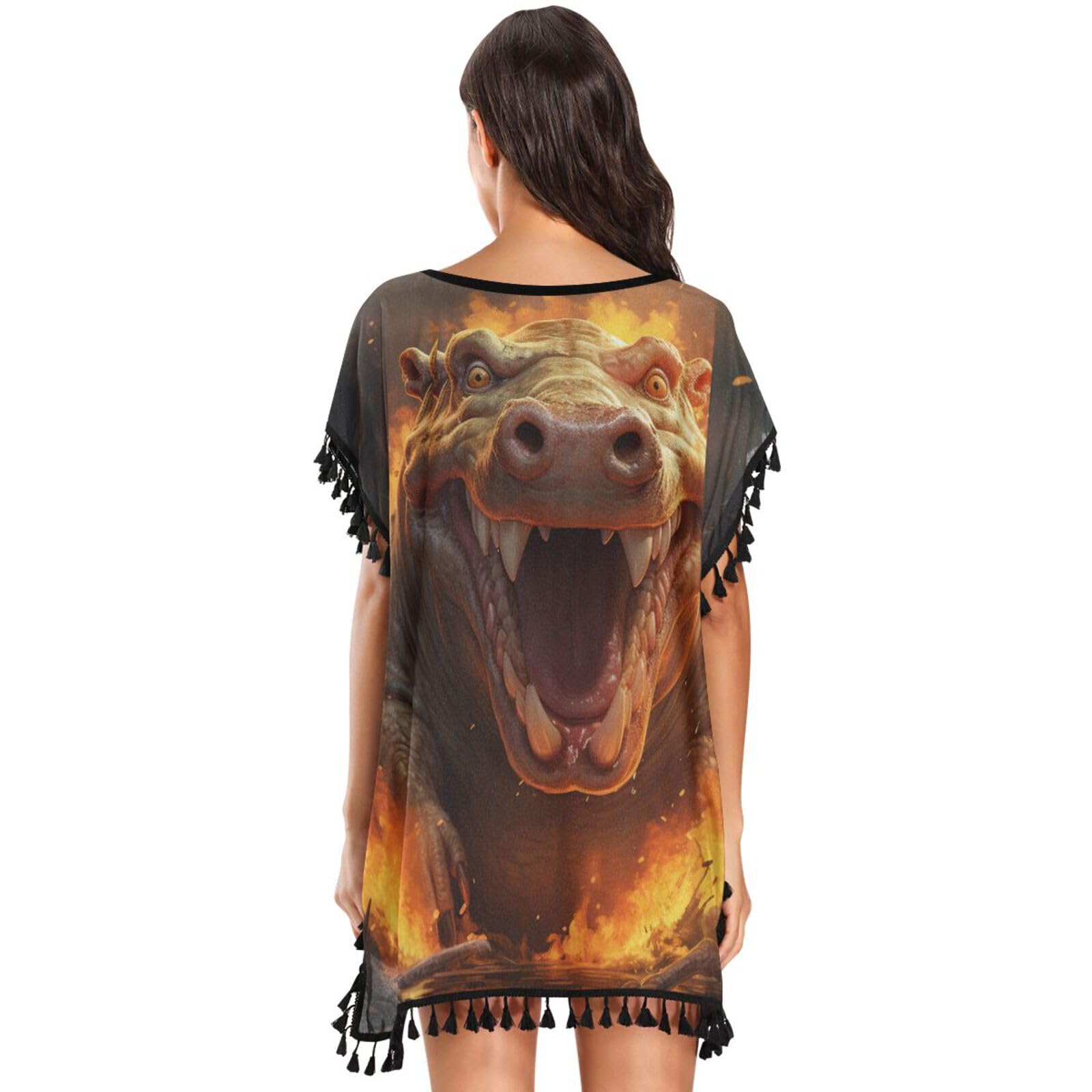 KAAVIYO Angry Cartoon Fire Hippopot Women's Beach Cover Up Chiffon Tassel Swimwear Swimsuit Coverups for Girl
